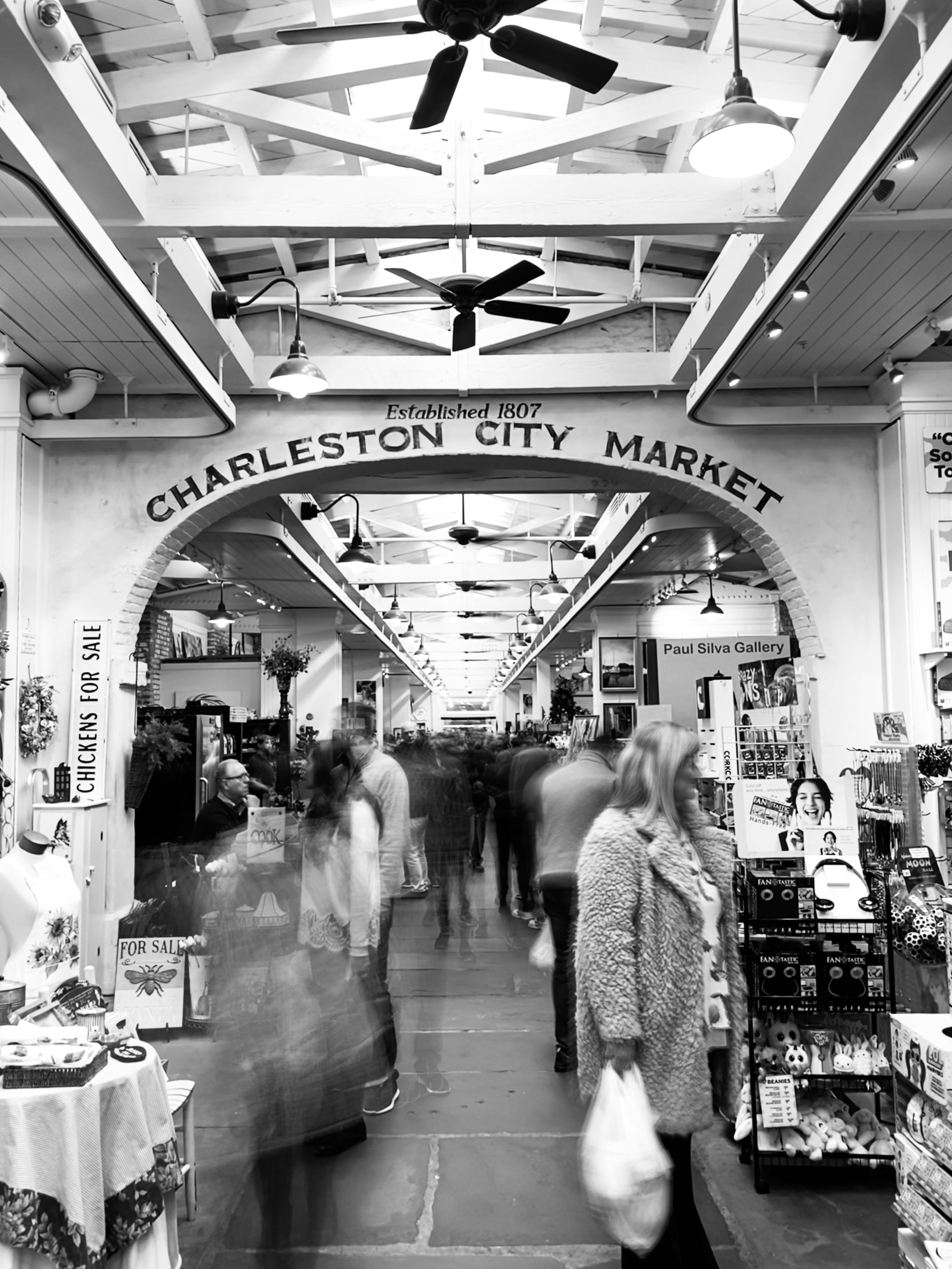 Charleston City Market established 1807 with motion blur of shoppers