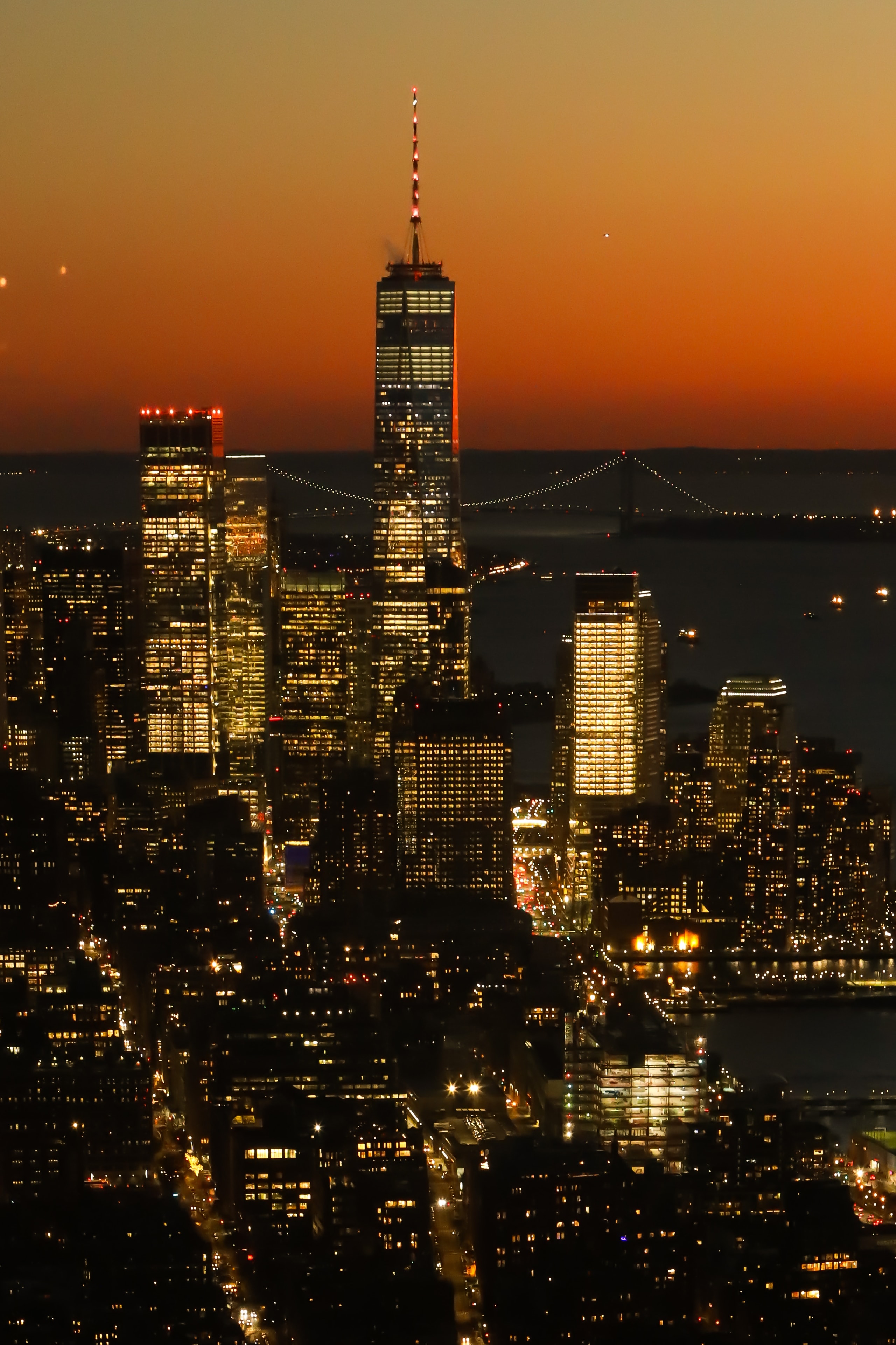 New York City skyline illuminated at dusk