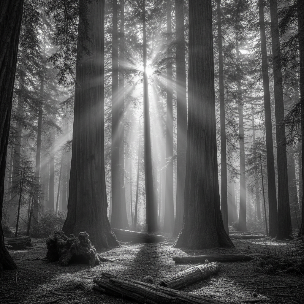 Ancient redwood forest with light rays filtering through trees