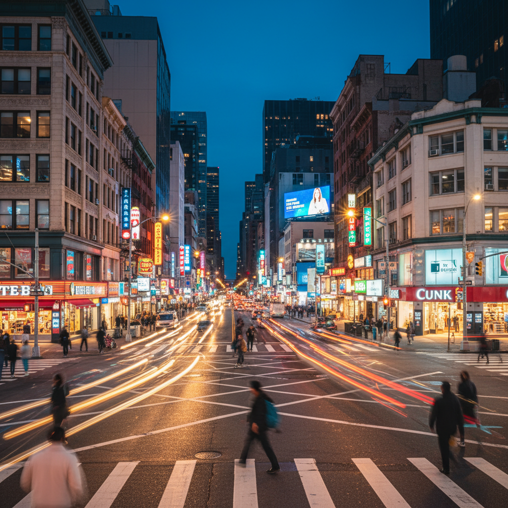 Busy city intersection with motion blur of pedestrians