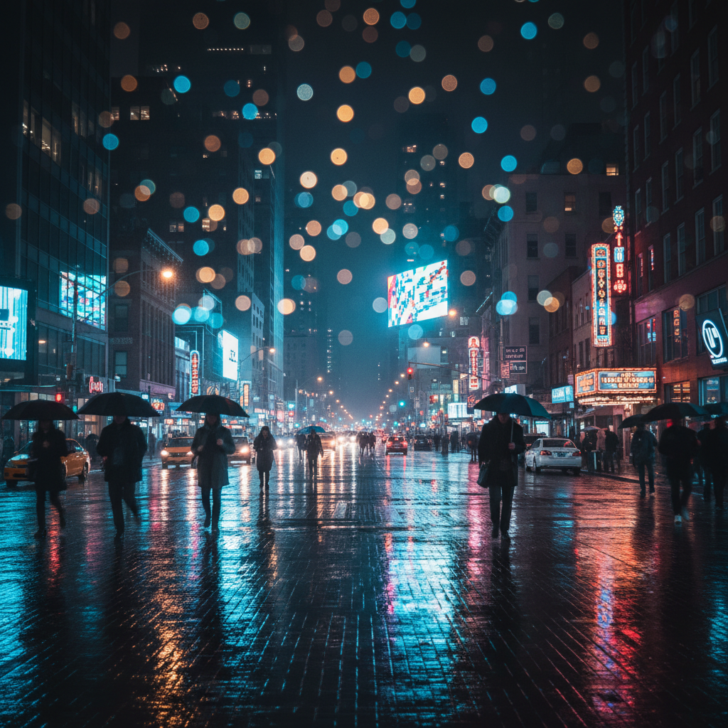 City street at night with rain-slicked pavement and neon reflections
