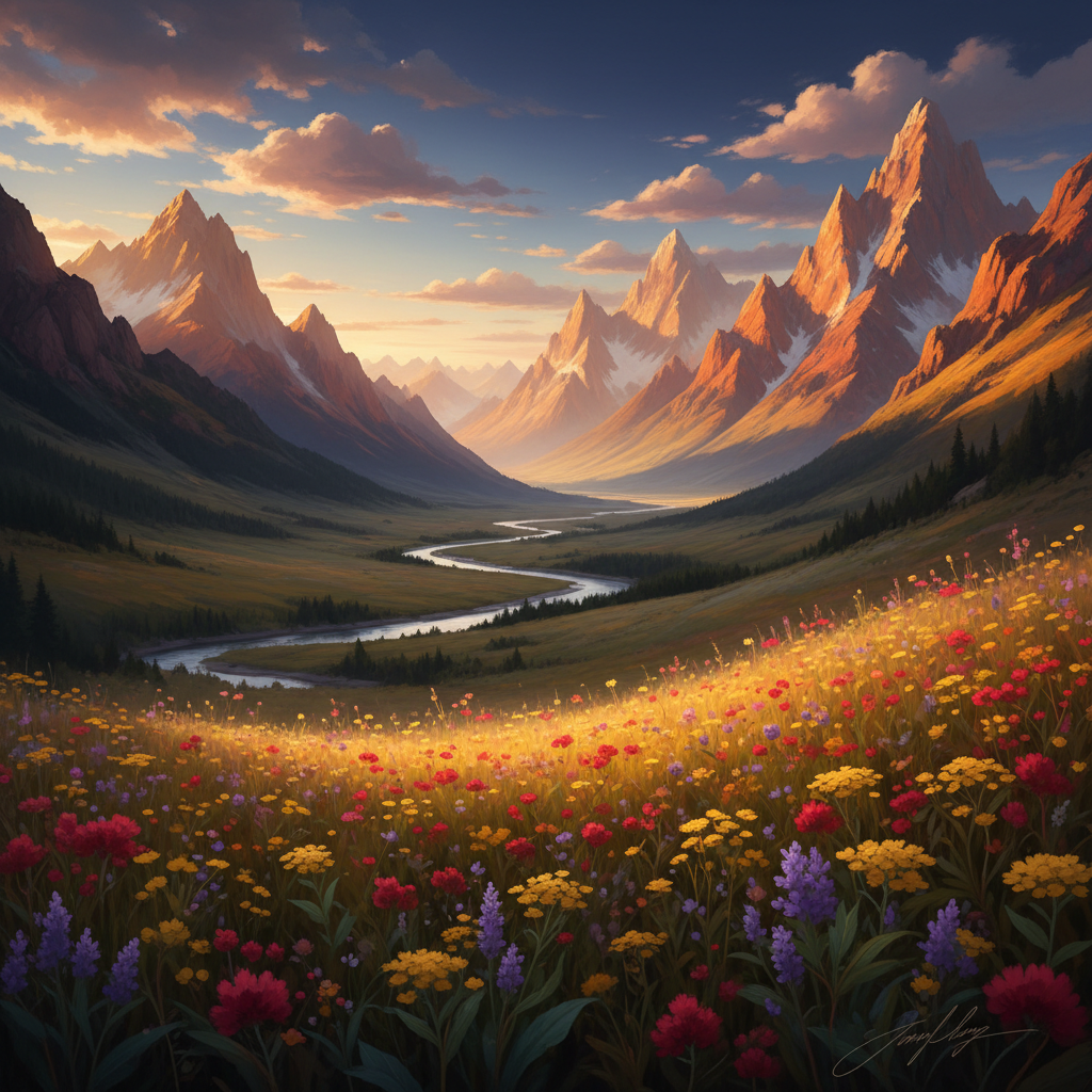 Dramatic mountain valley at golden hour with wildflowers