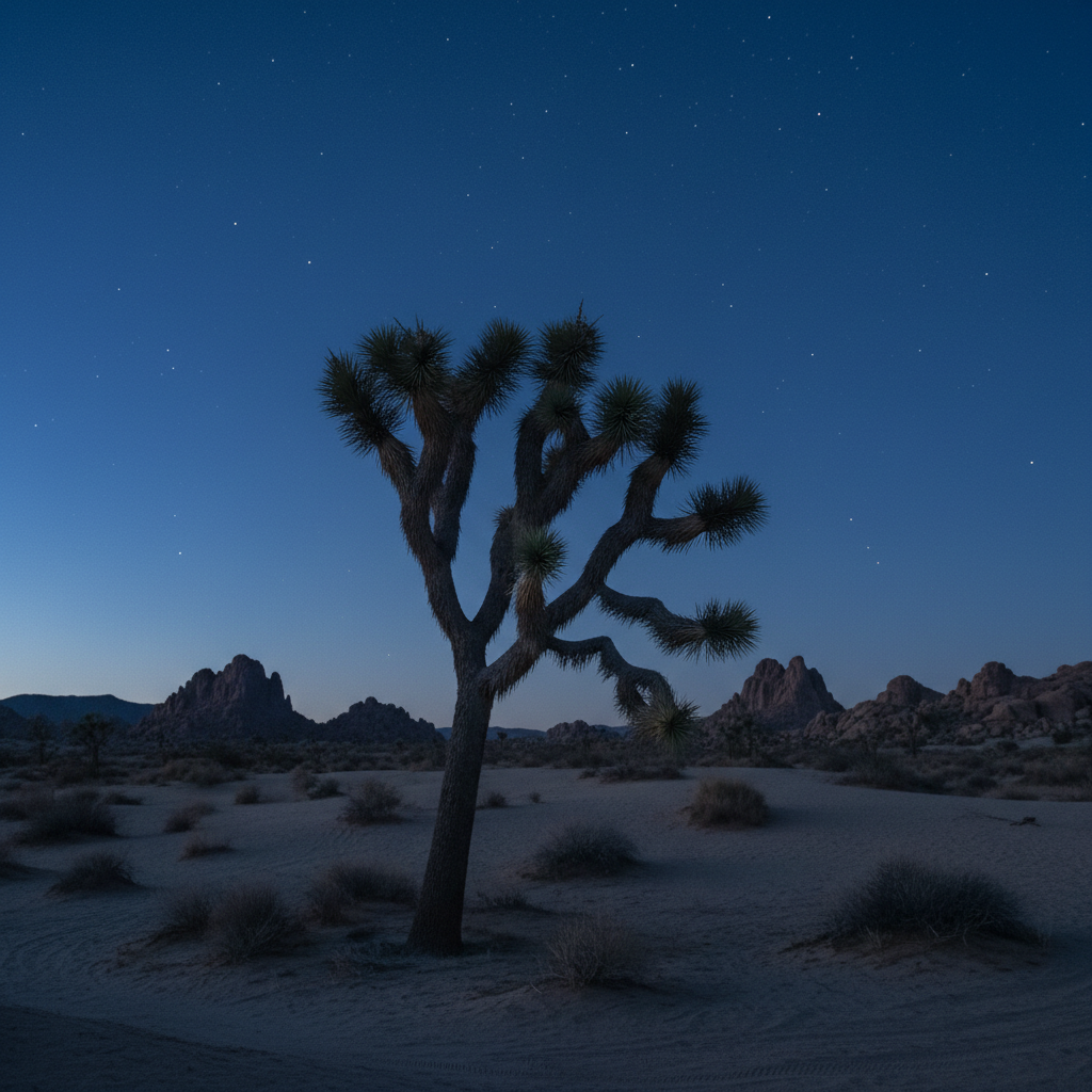 Joshua Tree desert at blue hour with stars appearing