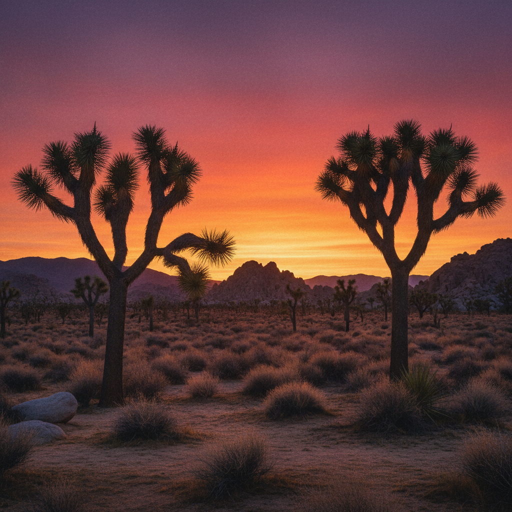 Joshua Tree National Park at sunset with vivid orange sky