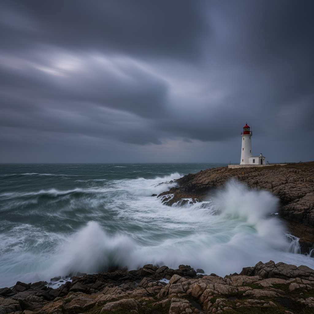 Lone lighthouse on rocky coastal cliff at stormy dusk